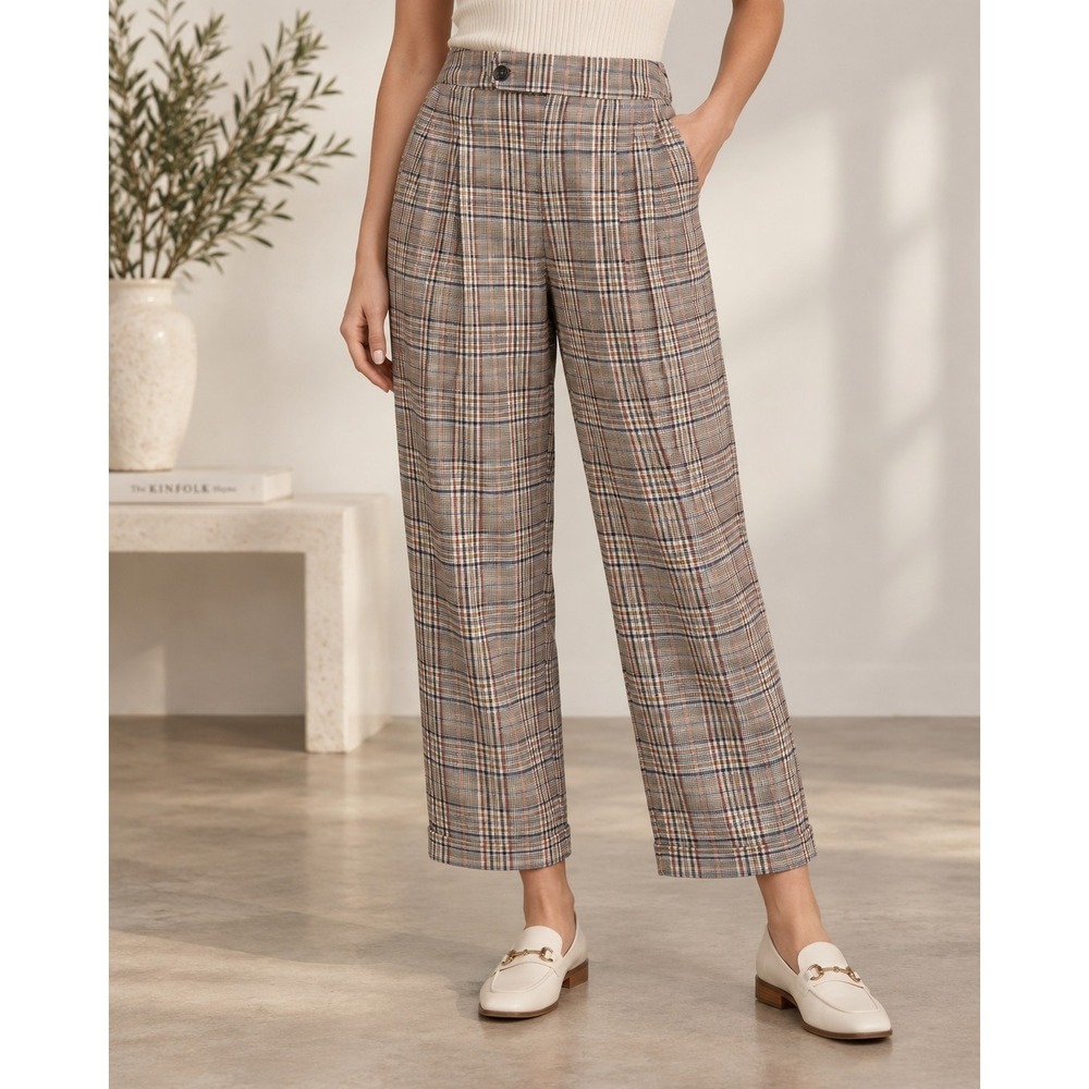 Lost + Wander Women Plaid High Waisted Trousers Tan Blue Multi Size M WPLS4008